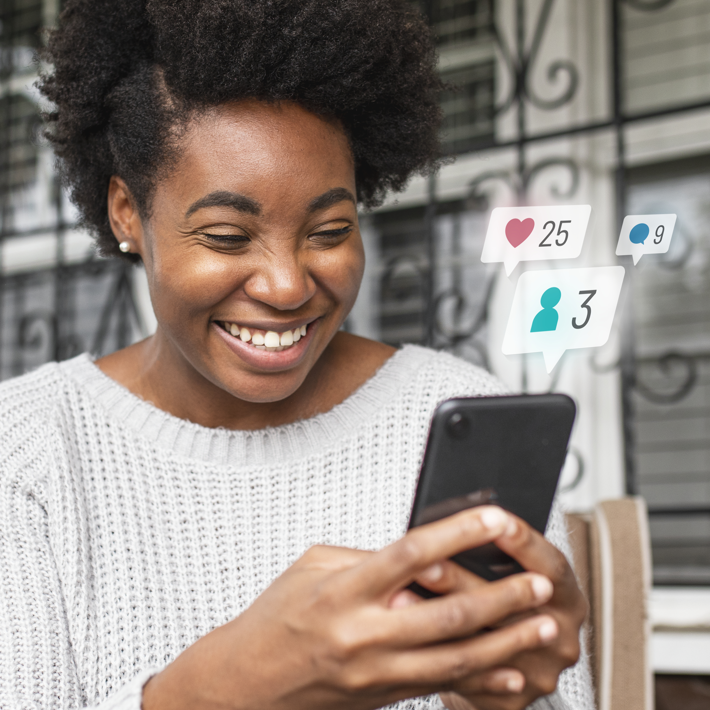 A person holding a smartphone, surrounded by floating social media icons showing 75 likes, 5 comments, and 3 followers. Visually conveys the early engagement phase of starting an Instagram account