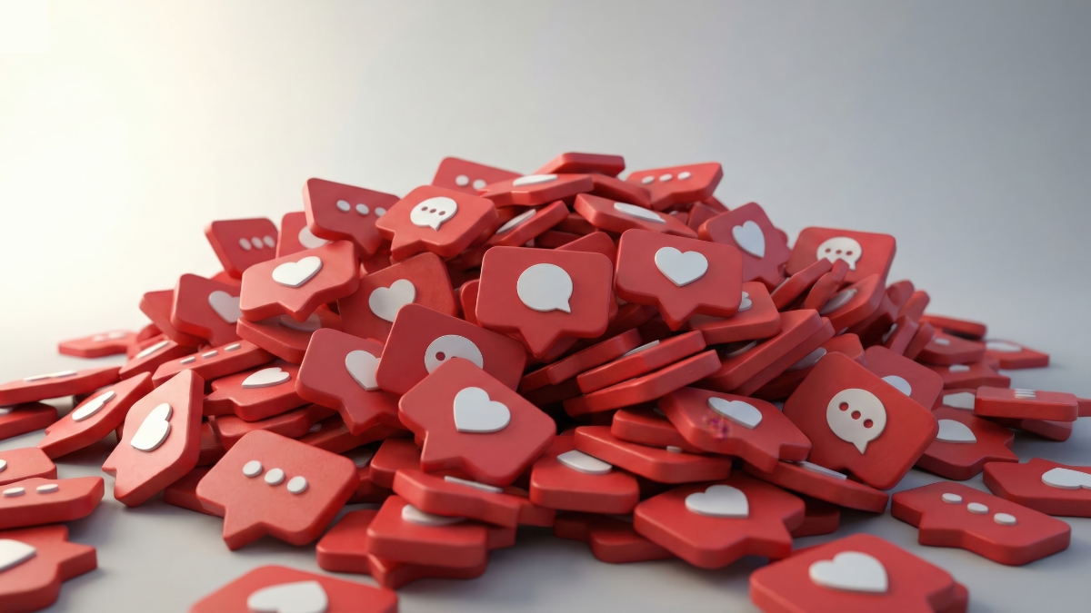 Social media engagement icons showing likes, comments, shares, and reactions across platforms